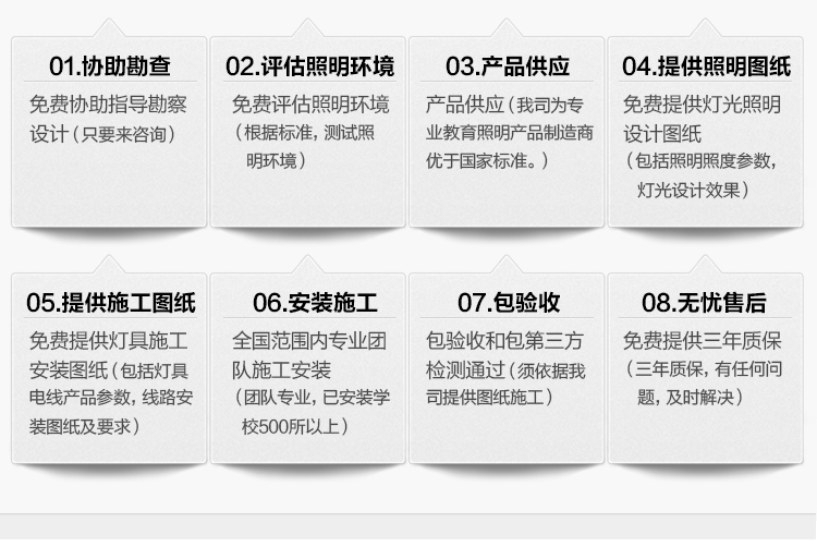 我司提供一站式教育（yù）照明解決方案：1、免費協助指導勘察設計（隻要來谘詢）2、免費評估照明環（huán）境（根據標（biāo）準，測試照（zhào）明環境）3、產品（pǐn）供（gòng）應（我司為專業教育（yù）照明（míng）產品製造商（shāng），優於國家標（biāo）準。）4、免費提供燈光照明設計圖紙（包（bāo）括（kuò）照明照度參數，燈光設計效果）5、免費提供燈具施工安裝（zhuāng）圖紙（包括燈具/電線產品參數，線路安（ān）裝（zhuāng）圖紙及（jí）要求）6、全國範圍內專業團隊施工安裝（團隊專業（yè），已（yǐ）安裝學校500所以上）7、包驗收和包第三（sān）方檢測（cè）通過（須依據我司提供圖紙施工）8、免費提供三年質（zhì）保（三年質保，有任何問（wèn）題，及時（shí）解決）